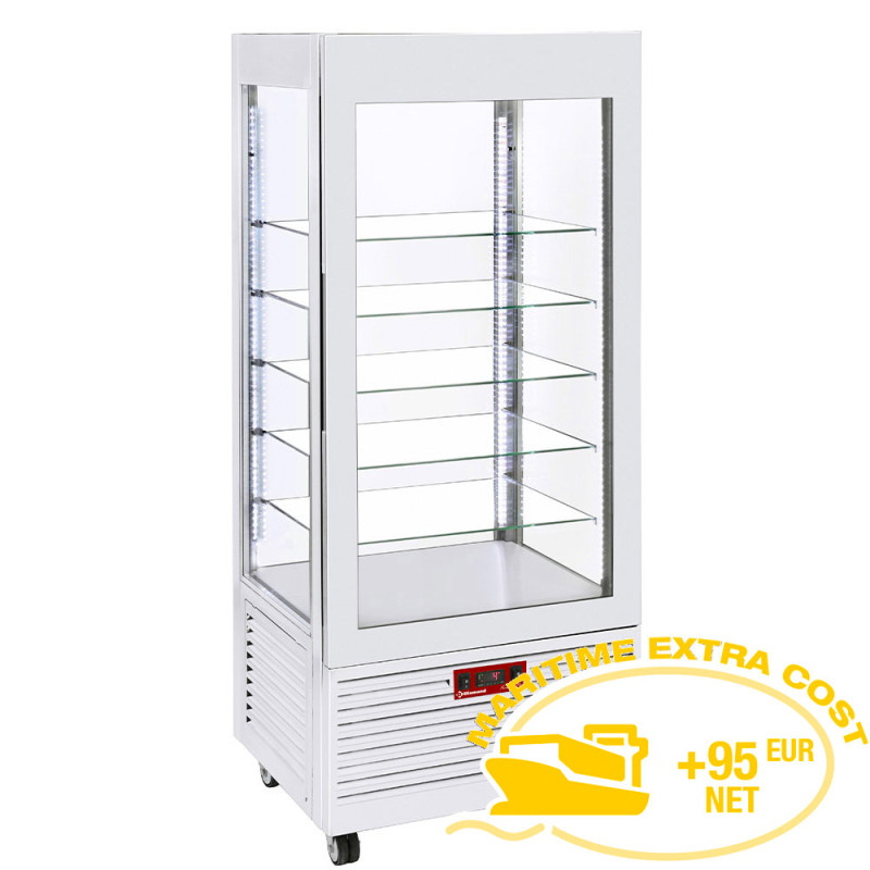 Vitrine 4 faces T° négative , 5 étagères en verre , ventilée, 480 Lit, BLANCHE Vitrine 4 faces T° négative , 5 étagères en verre , ventilée, 480 Lit, BLANCHE