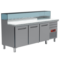Table frigo pizzeria, 3 portes EN 600x400, 3 tiroirs neutres EN 600x400, structure réfrigérée 8x GN 1/4