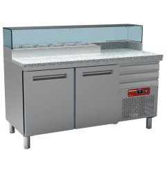 Table frigo pizzeria, 2 portes EN 600x400, 3 tiroirs neutres EN 600x400, structure réfrigérée 6x GN 1/4