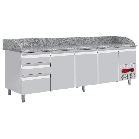 Table frigo 3 portes 600x400, 3 tiroirs neutres (8x bacs 600x400) + tiroir ustensiles