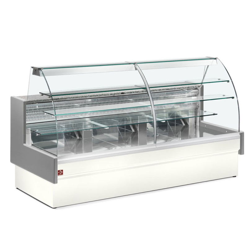Comptoir vitrine réfrigéré, statique, chargement à tiroirs, vitre courbe, sans réserve - GRIS/BLANC Comptoir vitrine réfrigéré, statique, chargement à tiroirs, vitre courbe, sans réserve - GRIS/BLANC