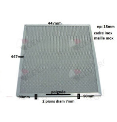 Filtre pour hotte tricot inox 447xH447x18mm, 2 pions à 90mm du bord, poignée centrée en bas