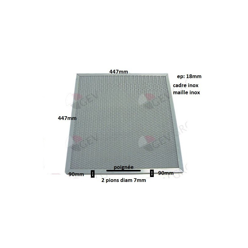 Filtre pour hotte tricot inox 447xH447x18mm, 2 pions à 90mm du bord, poignée centrée en bas Filtre pour hotte tricot inox 447xH447x18mm, 2 pions à 90mm du bord, poignée centrée en bas