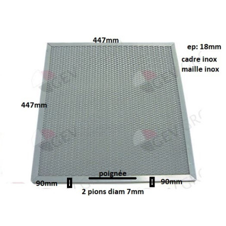 Filtre pour hotte tricot inox 447xH447x18mm, 2 pions à 90mm du bord, poignée centrée en bas