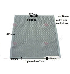 Filtre pour hotte tricot inox 447xH447x18mm, 2 pions à 90mm du bord, poignée centrée en haut