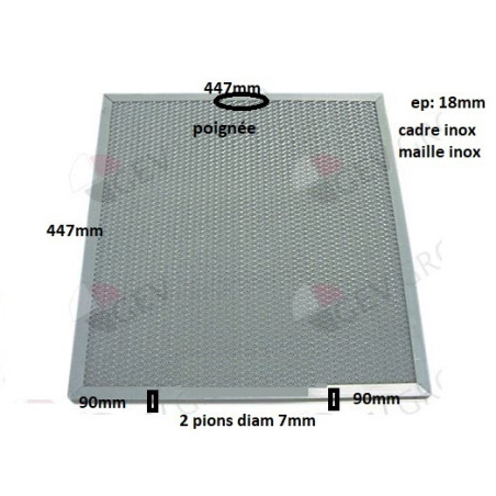 Filtre pour hotte tricot inox 447xH447x18mm, 2 pions à 90mm du bord, poignée centrée en haut