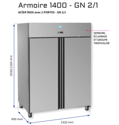 Armoire inox 1400L GN 2/1 - 2 portes - négative