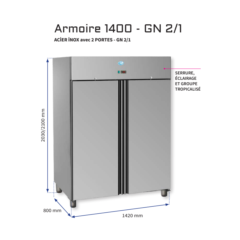 Armoire inox 1400L GN 2/1 - 2 portes - négative