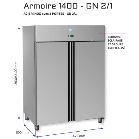 Armoire inox 1400L GN 2/1 - 2 portes - négative