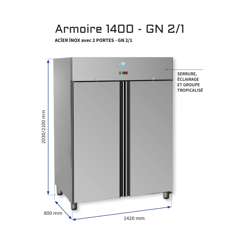 Armoire inox 1400L GN 2/1 - 2 portes - positive