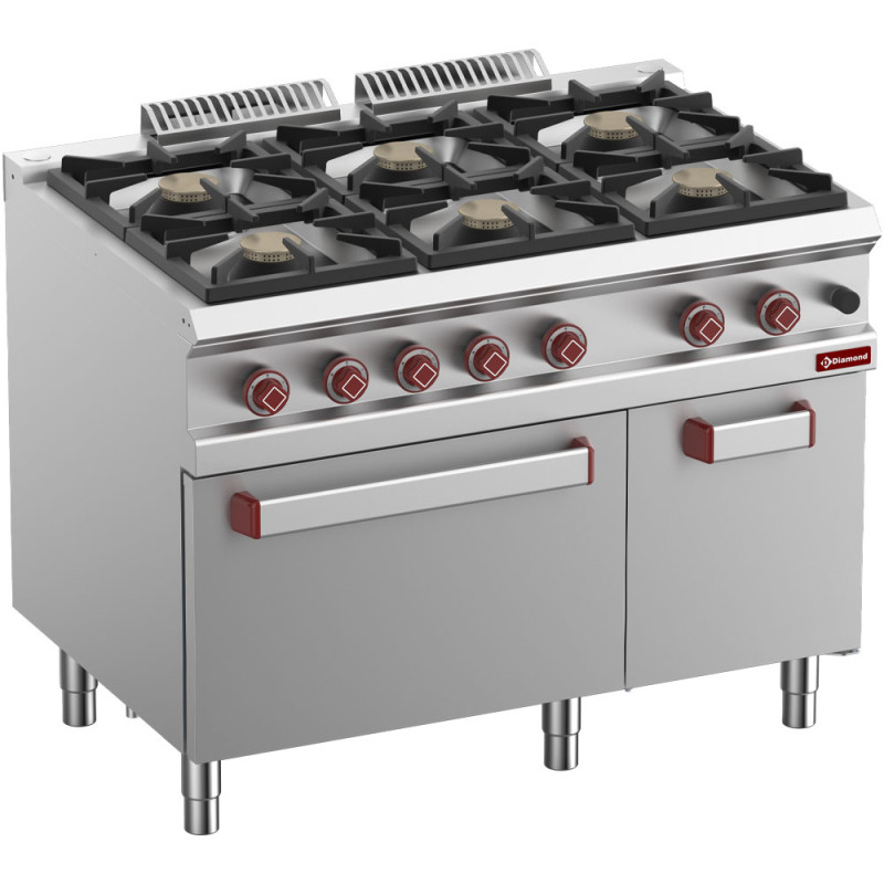 Fourneau 6 feux vifs, four gaz GN 2/1, armoire neutre Fourneau 6 feux vifs, four gaz GN 2/1, armoire neutre