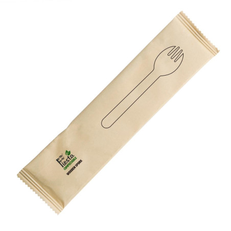 Cuillères-fourchettes en bois emballées individuellement Fiesta Compostable (lot de 500)