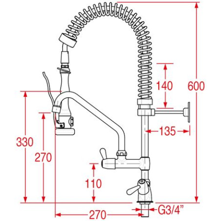 Douchette professionnelle grande cuisine MONOLIGHT BI-MITIGEUR (+270) HAUTEUR 600MM