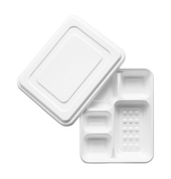 Plateaux repas 5 compartiments en bagasse avec couvercle Vegware (lot de 200)