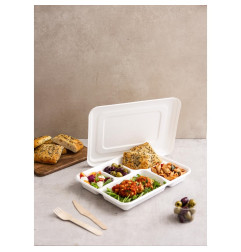 Plateaux repas 5 compartiments en bagasse avec couvercle Vegware (lot de 200)