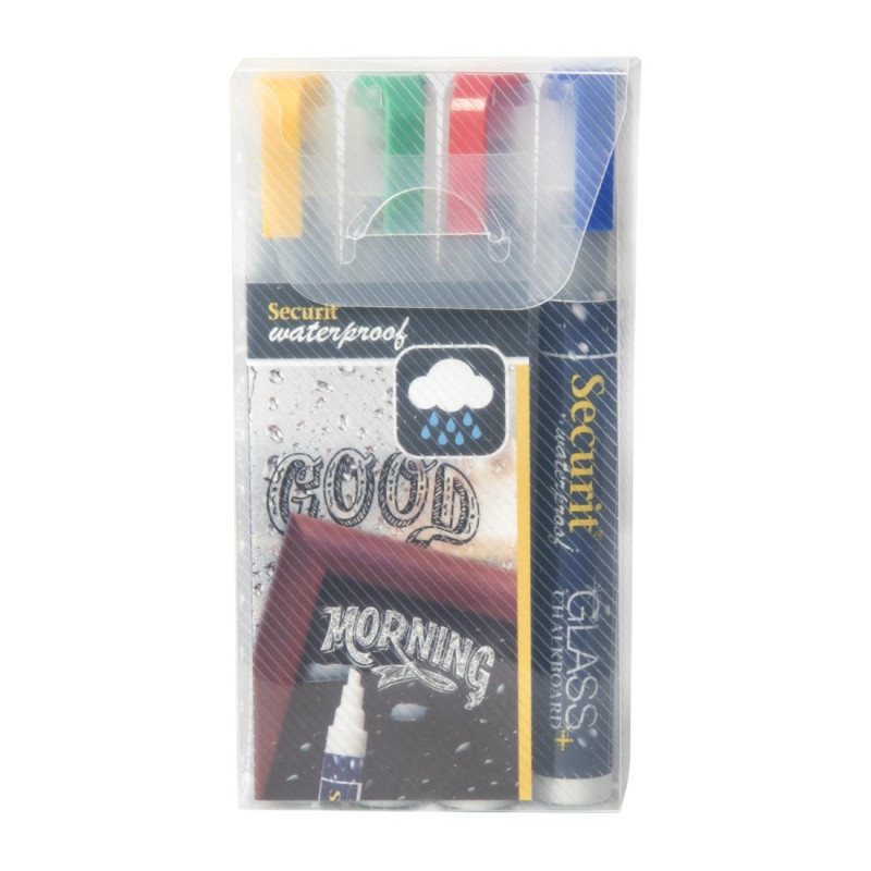 Marqueurs craie waterproof Securit (verre+ ardoise) pointe 2-6mm rouge, vert, jaune, bleu (lot de 4)