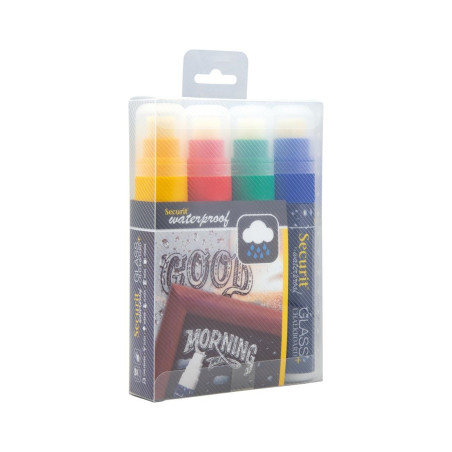 Marqueurs craie waterproof Securit (verre+ ardoise) pointe 7-15mm rouge, vert, jaune, bleu (lot de 4)