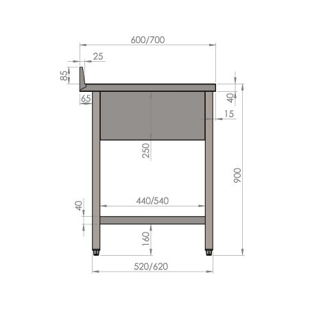 Plonge 800x700xH900mm avec bac 600x500xH325mm