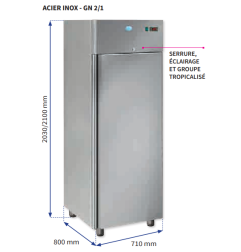 Armoire inox 700L GN 2/1 - 1 portes - négative - dim 710x800x2100mm