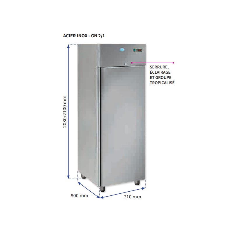 Armoire inox 700L GN 2/1 - 1 portes - négative - dim 710x800x2100mm