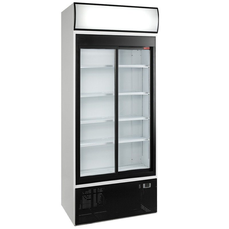 Vitrine T° positive, ventilée, 760 Lt., 2 portes coulissantes, avec caisson lumineux Vitrine T° positive, ventilée, 760 Lt., 2 portes coulissantes, avec caisson lumineux