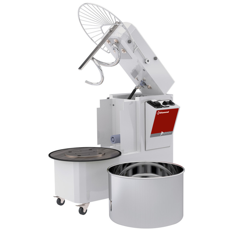 Pétrin à spirale 42 Litres tête relevable, cuve amovible, 2 vitesses, timer, sur roues Pétrin à spirale 42 Litres tête relevable, cuve amovible, 2 vitesses, timer, sur roues