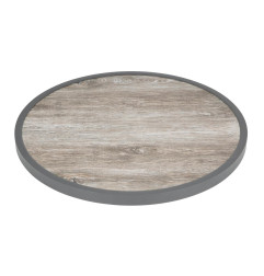 Plateau de table extérieur rond en verre trempé Bolero effet grain de bois bord gris 580mm