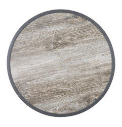 Plateau de table extérieur rond en verre trempé Bolero effet grain de bois bord gris 580mm