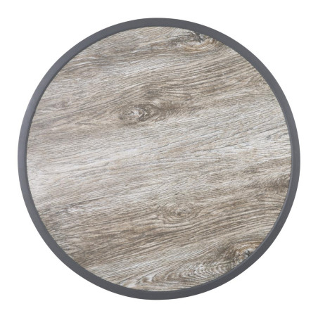 Plateau de table extérieur rond en verre trempé Bolero effet grain de bois bord gris 580mm