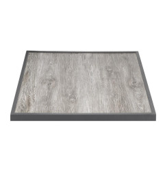 Plateau de table extérieur carré en verre trempé Bolero effet grain de bois bord gris 700 mm