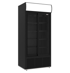 Vitrine ventilée positive, 783 litres, 2 portes coulissantes, avec caisson lumineux, NOIRE