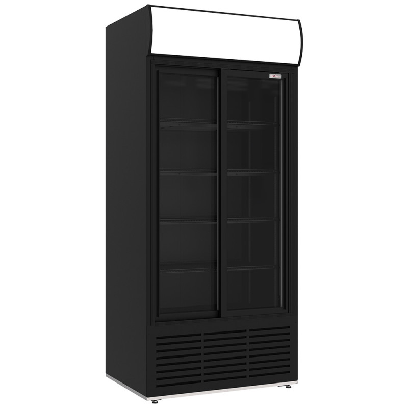 Vitrine ventilée positive, 783 litres, 2 portes coulissantes, avec caisson lumineux, NOIRE Vitrine ventilée positive, 783 litres, 2 portes coulissantes, avec caisson lumineux, NOIRE