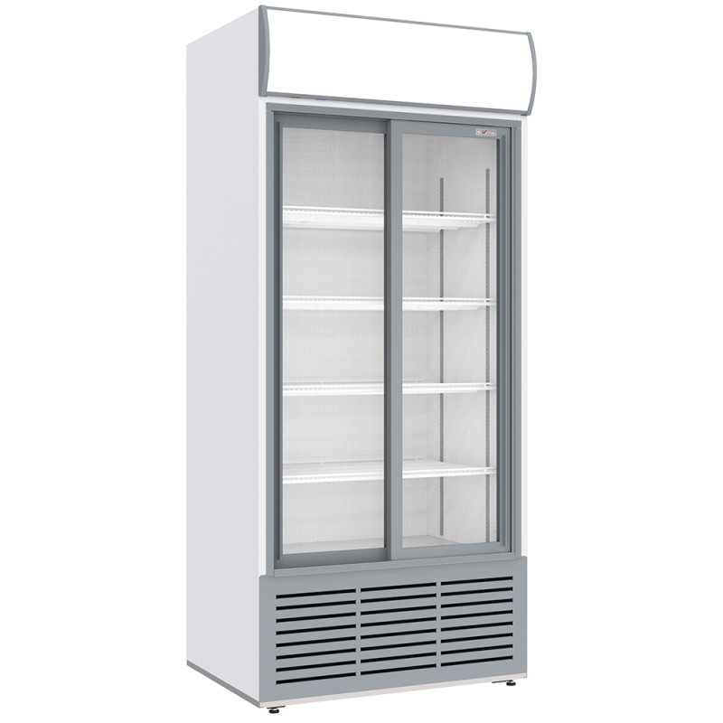 Vitrine ventilée positive, 783 litres, 2 portes coulissantes, avec caisson lumineux, BLANCHE Vitrine ventilée positive, 783 litres, 2 portes coulissantes, avec caisson lumineux, BLANCHE