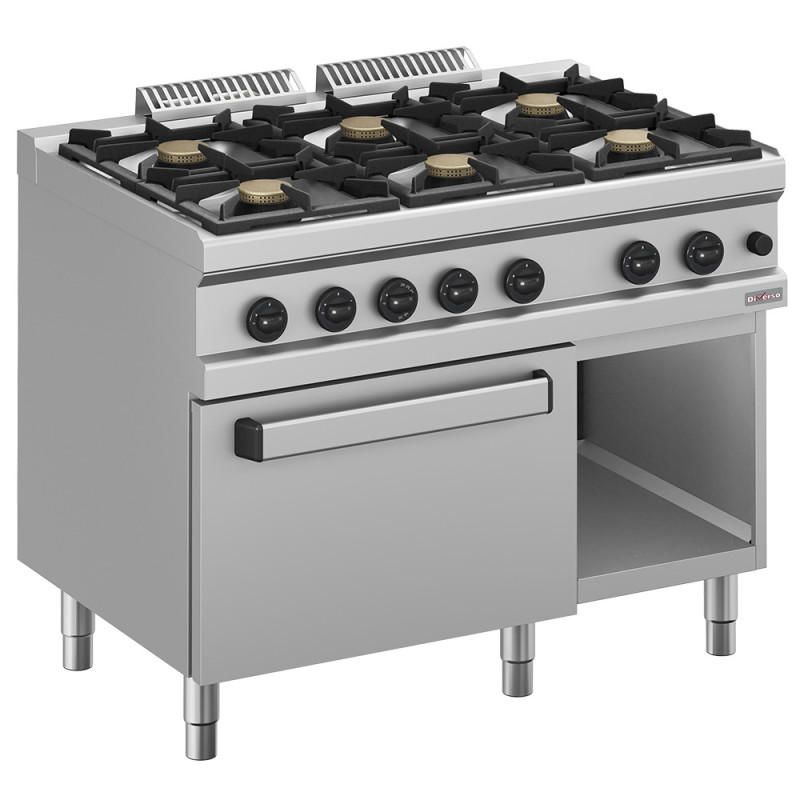 Fourneau gaz 6 feux vifs, sur four gaz GN 2/1 et armoire Fourneau gaz 6 feux vifs, sur four gaz GN 2/1 et armoire
