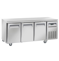 Table frigorifique, ventilé, 3 portes GN 1/1, sur roues, 2 avec freins