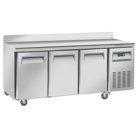Table frigorifique, ventilé, 3 portes GN 1/1, avec dosseret, sur roues, 2 avec freins