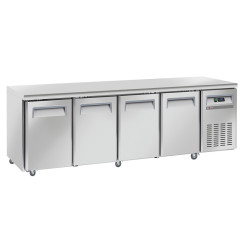 Table frigorifique, ventilé, 4 portes GN 1/1, sur roues, 2 avec freins