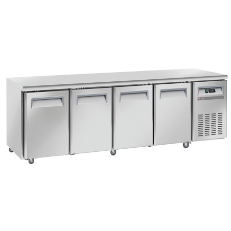 Table frigorifique, ventilé, 4 portes GN 1/1, sur roues, 2 avec freins