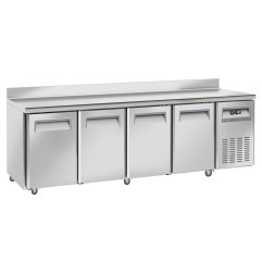 Table frigorifique, ventilé, 4 portes GN 1/1, avec dosseret, sur roues, 2 avec freins