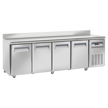 Table frigorifique, ventilé, 4 portes GN 1/1, avec dosseret, sur roues, 2 avec freins