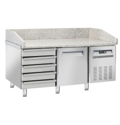 Table frigo pizzeria, 1 porte EN 600x400, 5 tiroirs neutres EN 600x400, sur roues, 2 avec freins