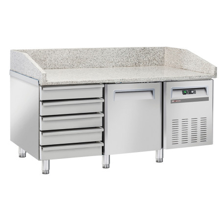 Table frigo pizzeria, 1 porte EN 600x400, 5 tiroirs neutres EN 600x400, sur roues, 2 avec freins