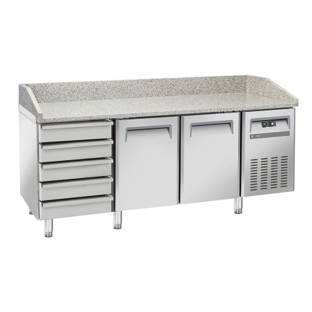 Table frigo pizzeria, 2 portes EN 600x400, 5 tiroirs neutres EN 600x400, sur roues, 2 avec freins