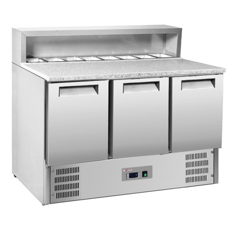 Table pizzas frigorifique 3 portes GN1/1, structure réfrigérée 8x GN1/6-150 mm