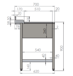 Plonge ENTREE LAVE VAISSELLE A CAPOT 1200x700xH880mm + vide ordure