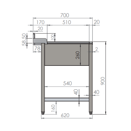 Plonge ENTREE LAVE VAISSELLE A CAPOT 1200x700xH880mm + vide ordure