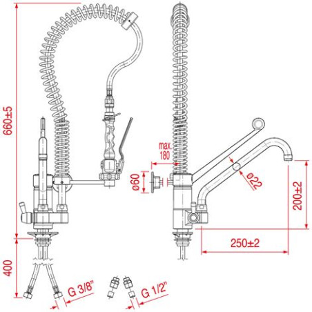 Douchette complète hauteur 600mm commande à levier long et robinet col de cygne