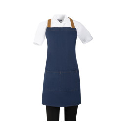 Tablier court croisé dans le dos Southside en denim bleu avec liens en cuir